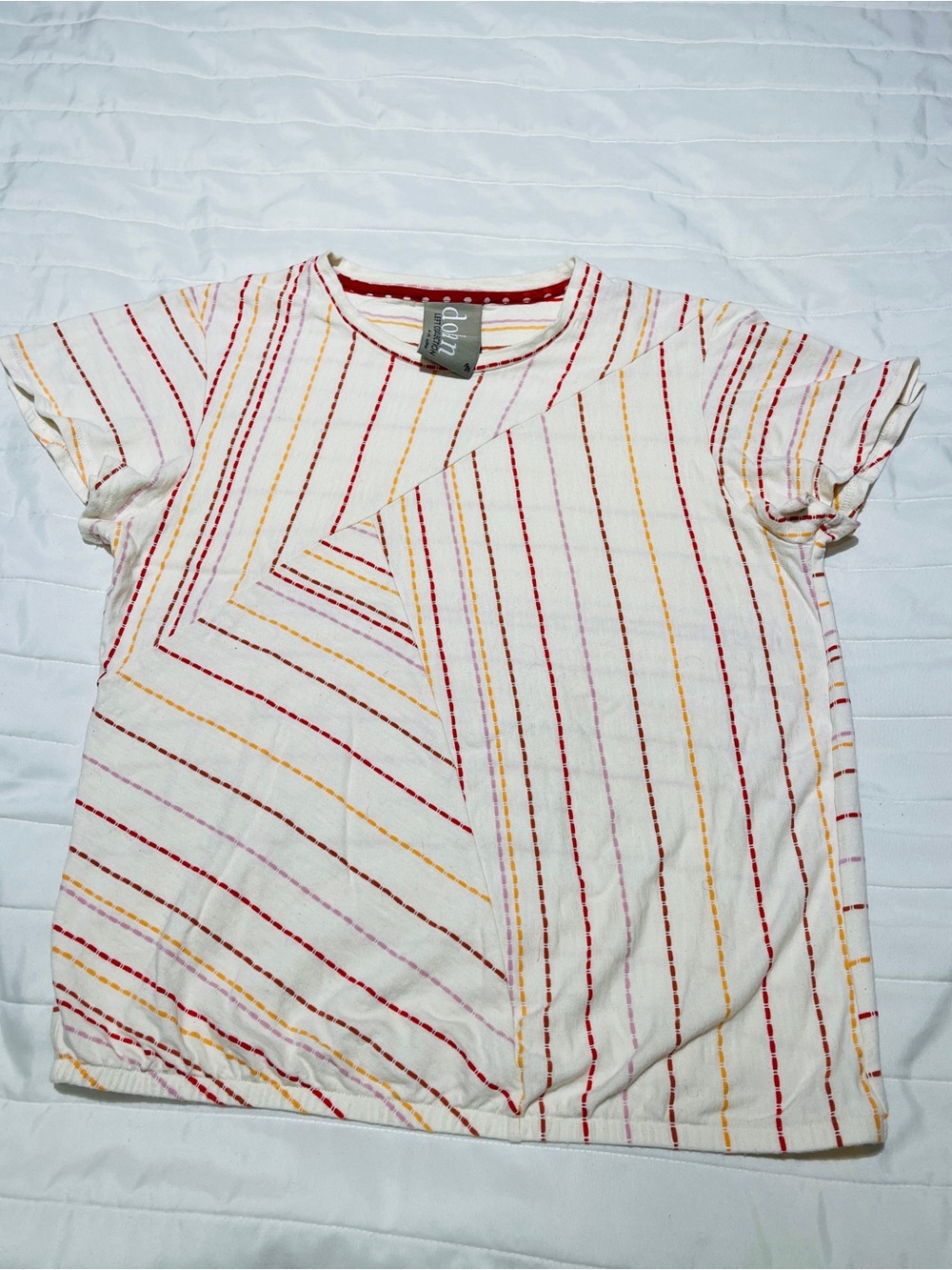 dolan White Striped Knit Top with Red and Yellow Stitching
